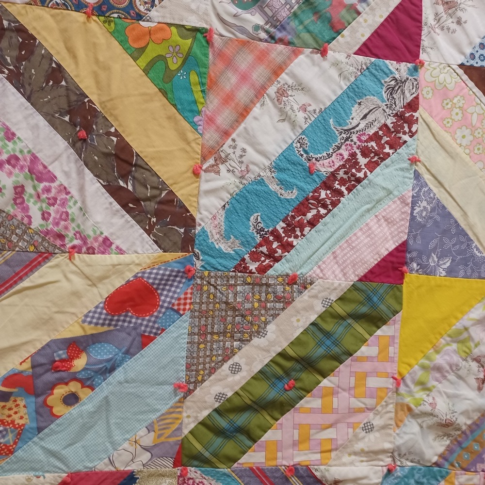 Vintage Handmade Crazy String Scrap Quilt Mid‎ Century Patchwork Barkcloth - Picture 7 of 14